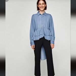 Zara Light Blue Ruffled High Low Hemline Button-Down Shirt